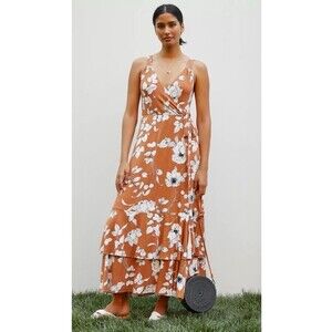 ANTHROPOLOGIE Ruffled Floral Wrap Maxi Dress Boho Orange Floral Print Medium